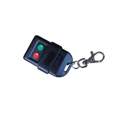 wireless remote key fob with green start and red stop buttons and a metal clip, used as an optional accessory for rotary phase converters.